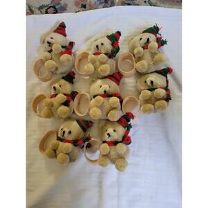 8 Christmas Teddy Bear Napkin Rings Holders Reed Plush Scarf Hat Red Green